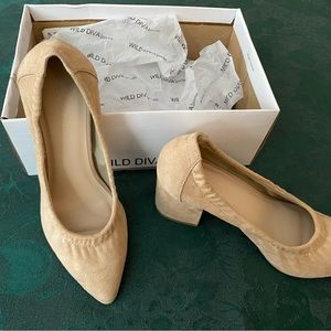 Ladies Size 6 suede stack heels, “Natural” color.